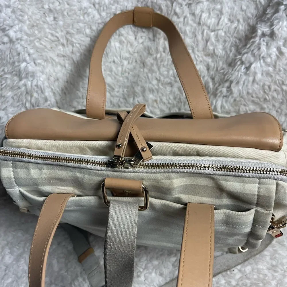 Skip Hop High line convertible Diaper Bag Beige & gray canvas tan leather straps